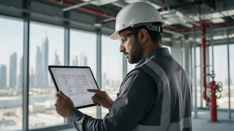 Engineer in a hard hat reviewing fire protection drawings on a tablet