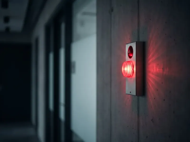 Visual alarm device glowing red in a corridor