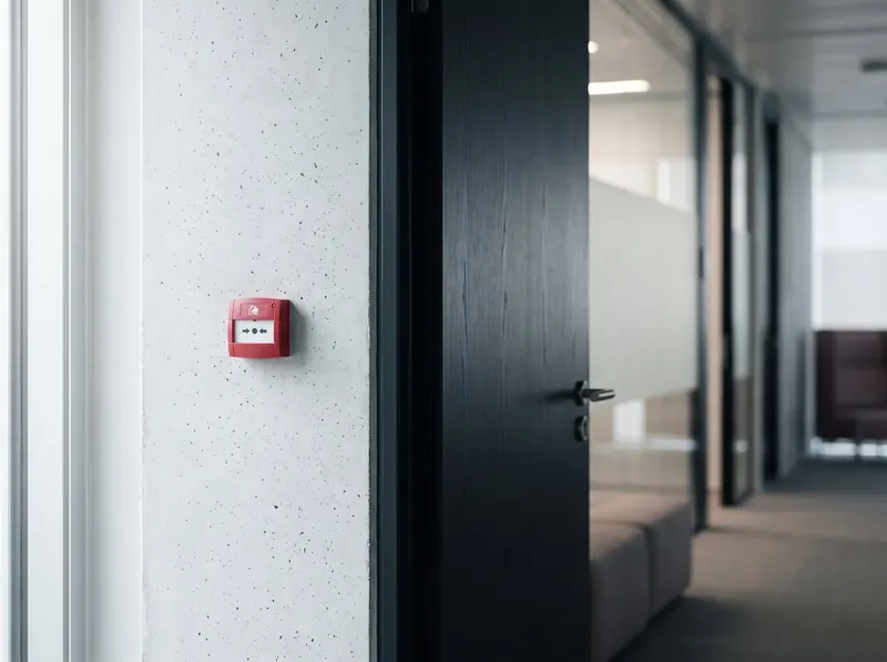 Red manual call point mounted on a wall