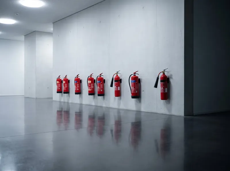 Row of fire extinguishers mounted on a wall
