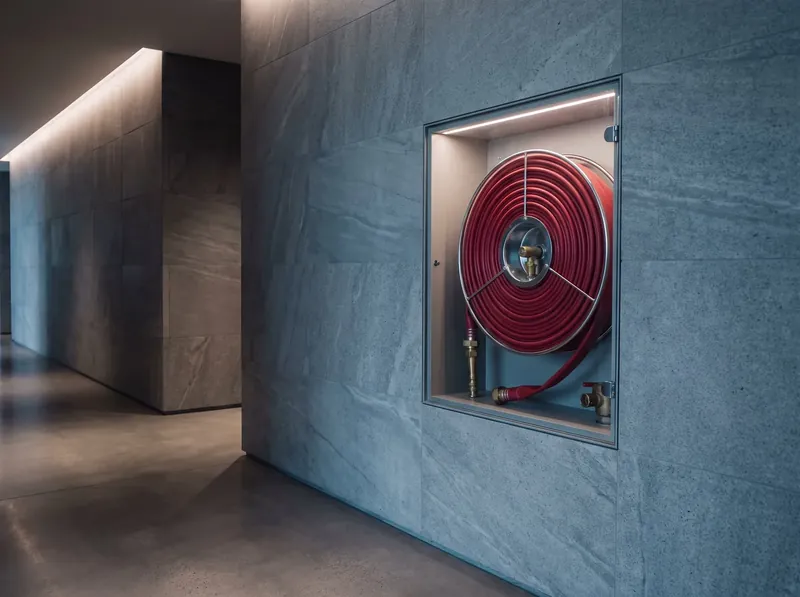 Fire hose reel in a recessed wall cabinet