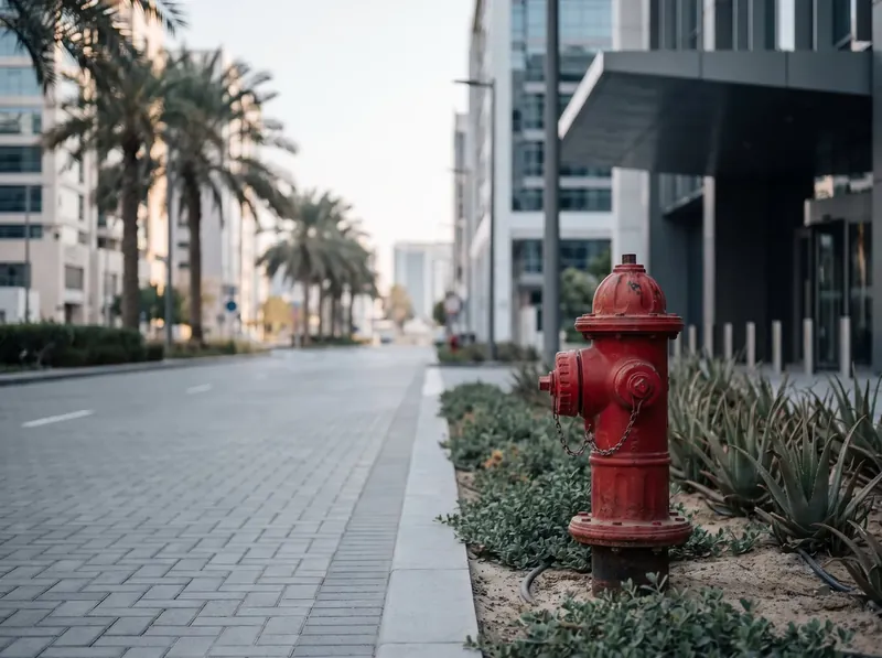 Red fire hydrant on a city sidewalk