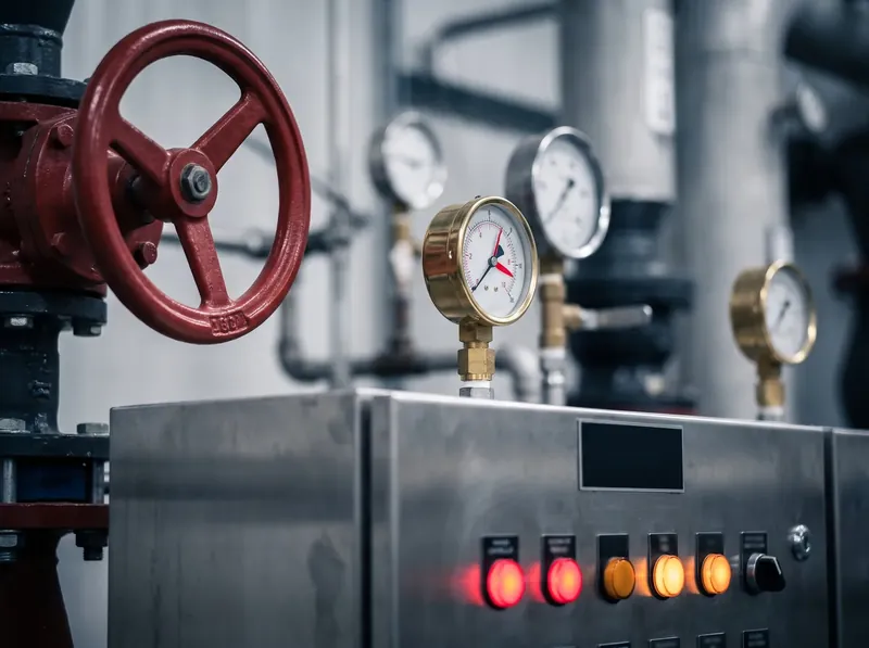 Valves and pressure gauges on fire fighting pipework