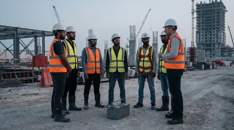 Site team wearing PPE during a toolbox talk