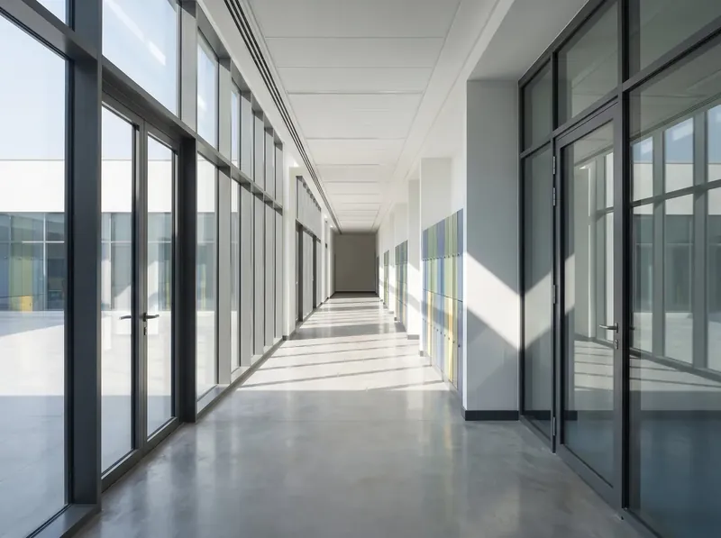 School corridor with glass partitions