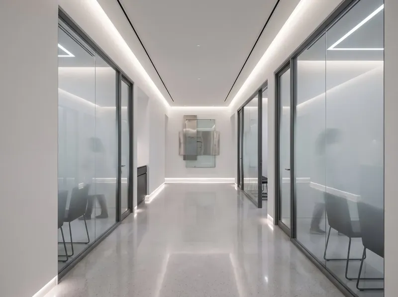 Clinic corridor with glass-fronted rooms