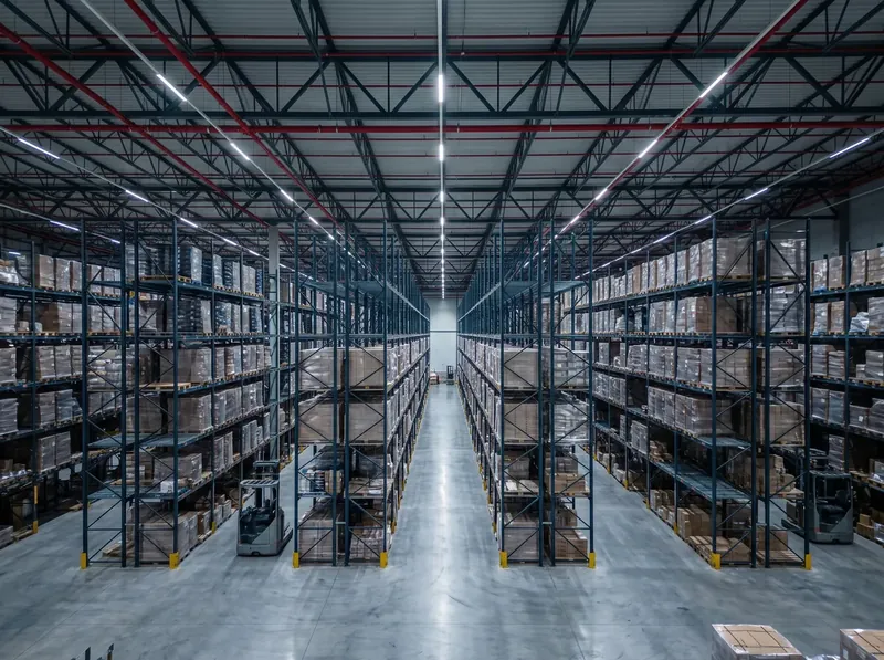 Warehouse aisles with high racking