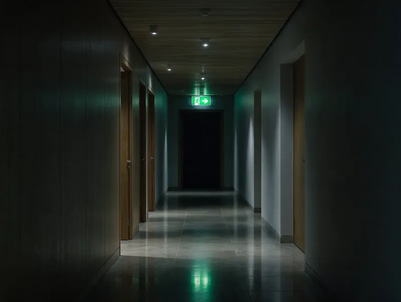 Illuminated exit sign in a dark corridor