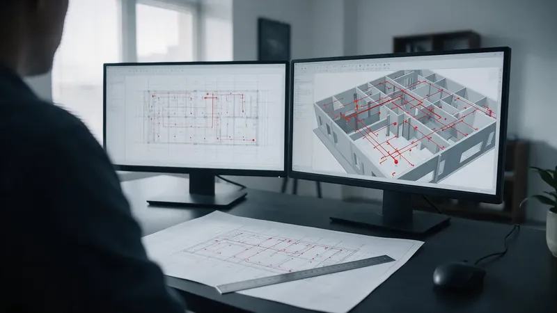 Fire protection shop drawings and a 3D coordination model on computer screens