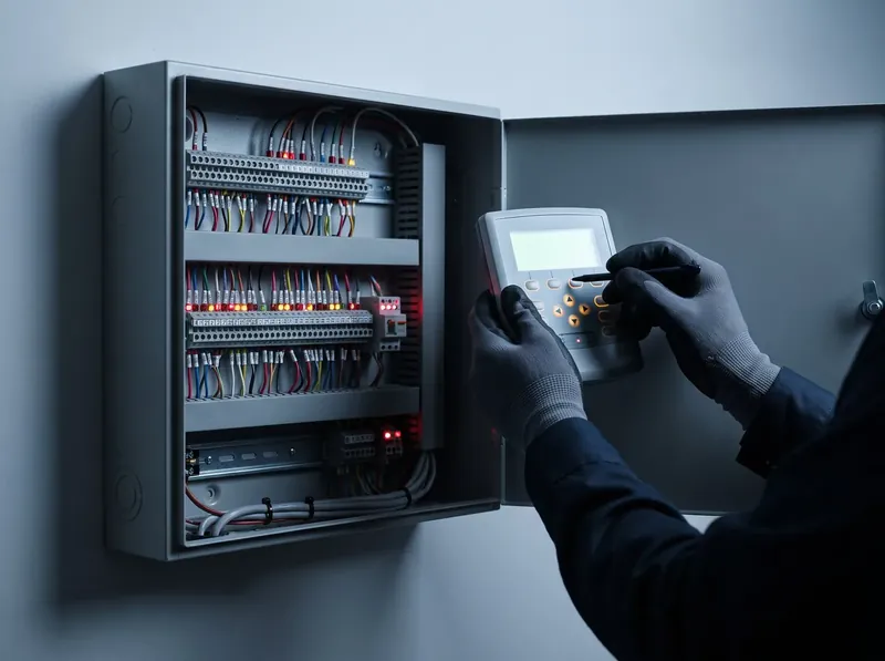 Technician programming a fire alarm control panel