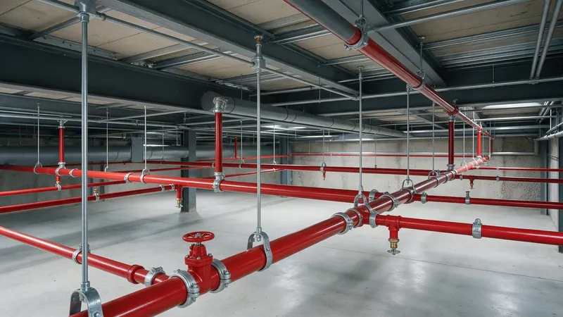 Red sprinkler pipe network installed below a ceiling