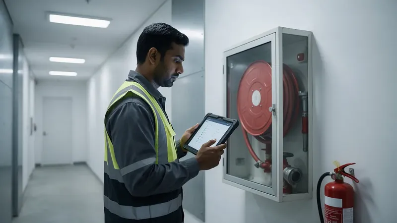 Technician inspecting a fire hose reel cabinet with a tablet