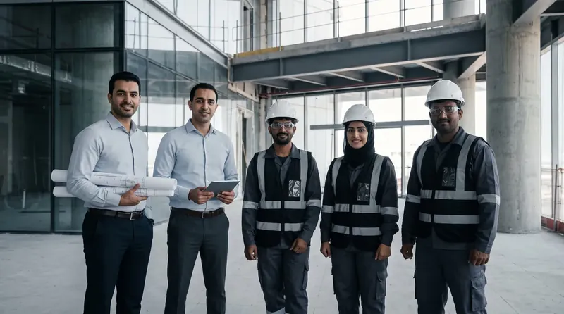Engineers and technicians in safety gear on a project site